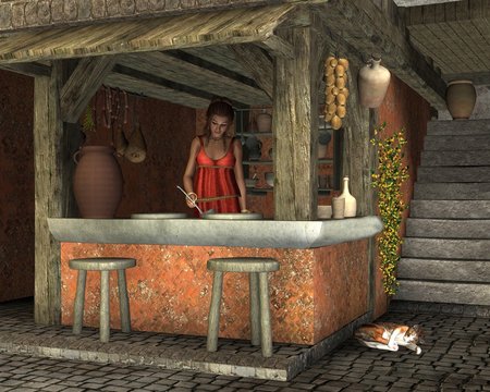 Young woman serving food at an Ancient Roman caupona (cafe)