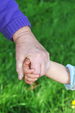 grandmother holds childs hand
