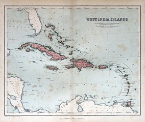 Old map of West India Islands, 1870. Bahamas, Haiti, Puerto Rico