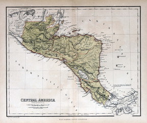 Old map of  Central America, 1870, Honduras, Nicaragua, Costa Ri