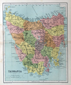 Old map of Tasmania, Australia, 1870