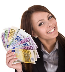 Happy woman with group of money. Isolated.