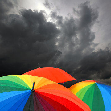rainbow colored umbrella's in rainy autumn weather