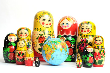 russian doll on the white around the world