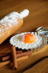 Baking ingredients and utensils for a delicious dessert cake or