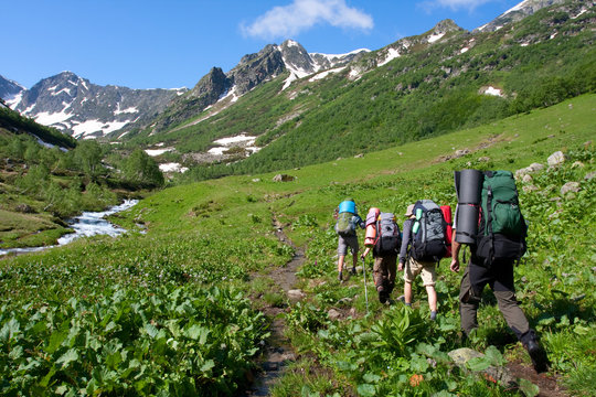 Hiker in Caucasus mountains