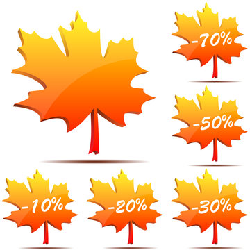 Vector set of 3D maple leaf discount labels isolated