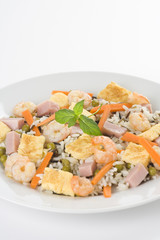 Plate of shrimp fried rice peas ham omelette