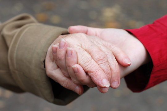 closeup of a grandfather holding his grand daughter hand