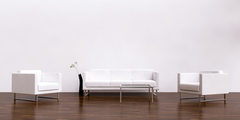 white couch and armchair to face a blank white wall