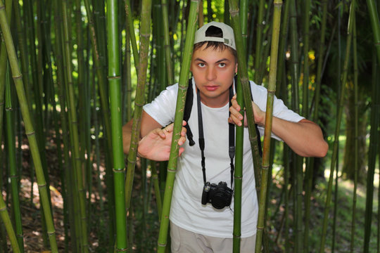 photographer in bamboo grove in  Sochi arboretum