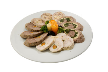 meat roulade selection on white plate