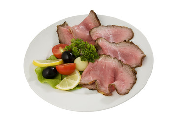 roast meat slices on white plate