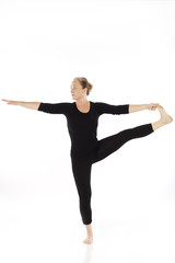 woman practising yoga on white background