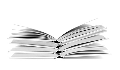 stacked open White books over white background