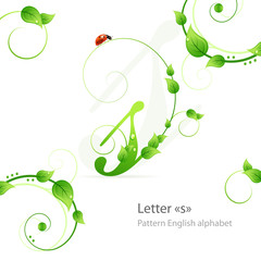 Eco green pattern alphabet with leafs and ladybird. Letter s