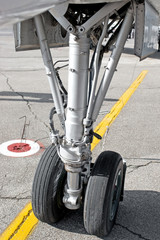 Closeup of airplane undercarriage or landing gear