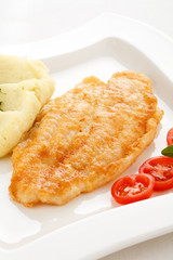 Fish dish - fried cod fillet with mashed potatoes