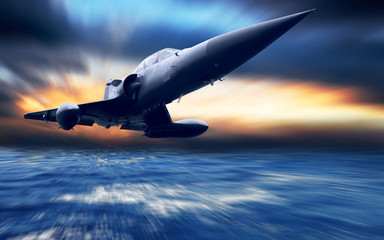 Military airplane low over the sea