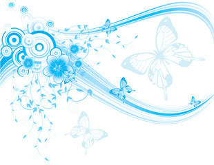 Fototapeta na wymiar Blue floral background with butterflies and flowers