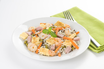 Plate of shrimp fried rice peas ham omelette