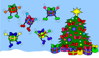 Springende Geschenke und geschmücktem Weihnachtsbaum