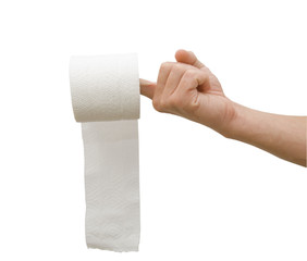 Toilet paper in hand isolated on a white background