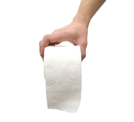 Toilet paper in hand isolated on a white background