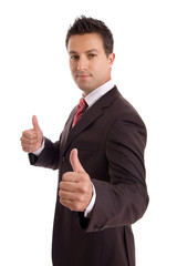 Young business man thumbs-up on a white background