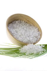 bath salt and palm leaf