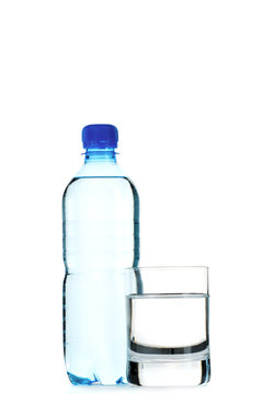 bottled water and a glass