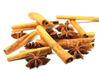 cinnamon with badian on white background