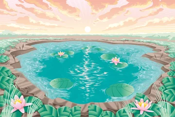 Fotobehang Cartoon pond with lotus © ddraw