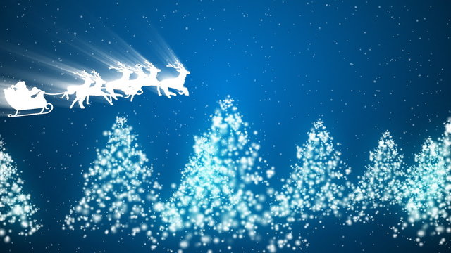 Animation of Santa Claus flying over the tress and snow