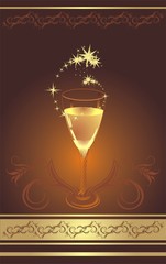 Glass with champagne on the decorative background. Vector