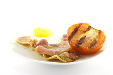 Bacon, Eggs and Tomato on a White Plate
