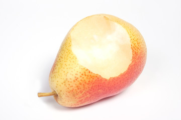 Ripe eaten pear, isolated on white