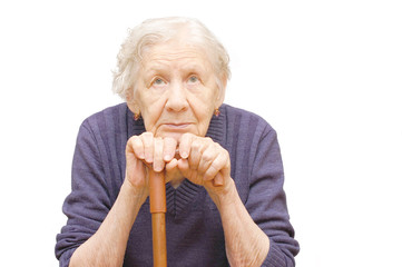 Grandmother holding a cane on white background