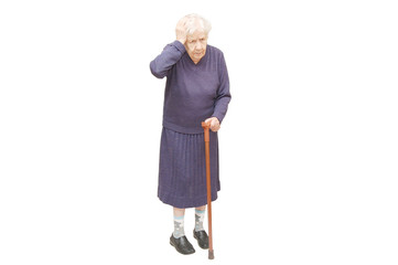 Grandmother holding a cane on white background
