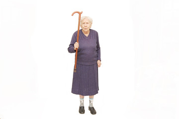 Grandmother holding a cane on white background