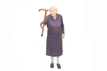 Grandmother holding a cane on white background