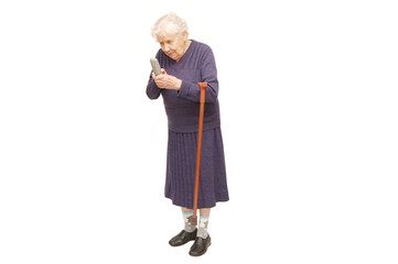 Grandmother holding a cane on white background