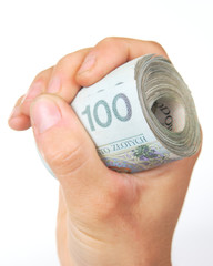 Hand and roll of polish Zloty on white background