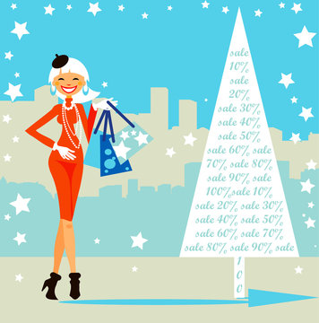 Christmas shopping card, sales in the city. Woman at the winter