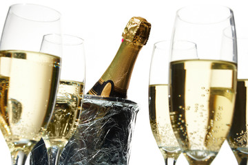 Champagne flutes and ice bucket