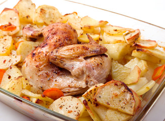 Potato with a hen on grill .