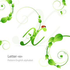 Eco green pattern alphabet with leafs and ladybird. Letter x