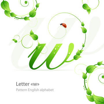Eco green pattern alphabet with leafs and ladybird. Letter w