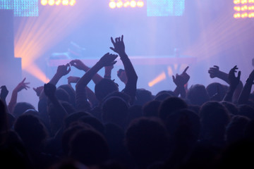 Fototapeta na wymiar Tłum wentylatora koncert muzyki disco ręka artysty histeryczna