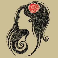 Crédence de cuisine en verre imprimé Femme fleurs Grunge décoratif portrait de femme avec une fleur dans les cheveux